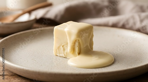 Single Cube of Confectionery Melting Into Creamy Sauce on a Pale Plate Close Up Food Dessert Preparation