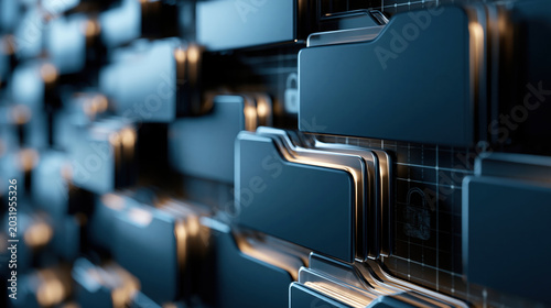 Futuristic folder icon digital file data storage 3d render cyber security network system dark background technology concept abstract wall glossy surface Futuristic folder icon digital file data