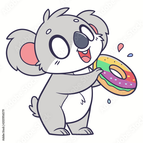 Photography Cartoon koala holding a colorful donut a vector illustration with a white backgr