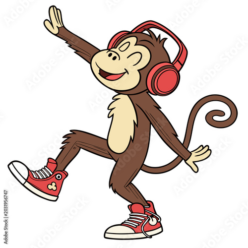 Photography Dancing monkey character with red headphones and sneakers a colorful vector illu