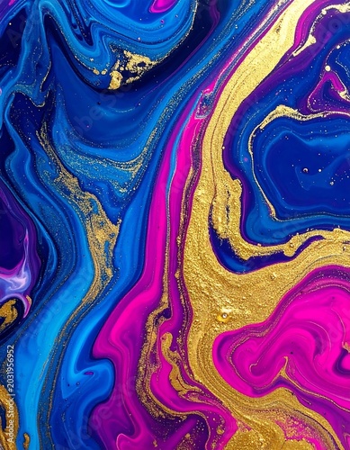 Abstract fluid art texture with vibrant blue pink and gold swirls
