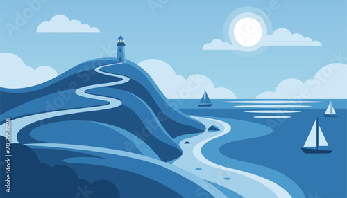 Bild auf Leinwand Monochromatic blue coastal landscape vector, lighthouse on a winding hill path,
