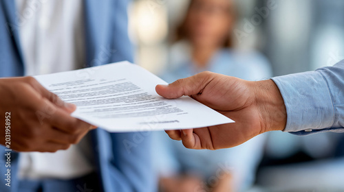 Close-up of two hands exchanging documents in an office setting with formal business attire visible, formal communication concept, document handoff photography, professional
