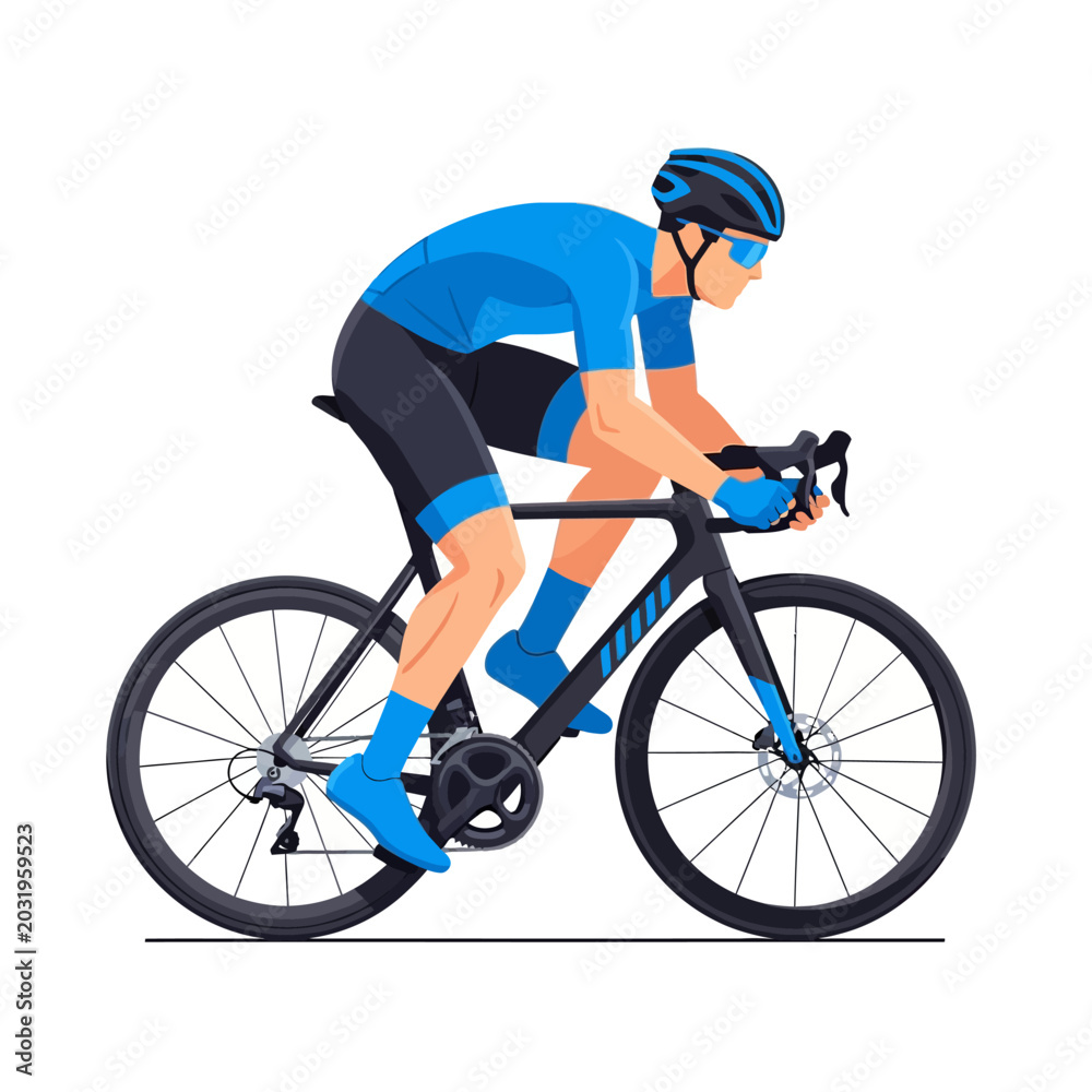 Naklejka premium Cyclist on Road Bike in Motion, Vector Illustration, Blue Sportswear