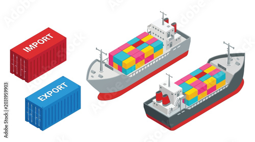 Obraz na płótnie Cargo ship and shipping containers isometric illustration