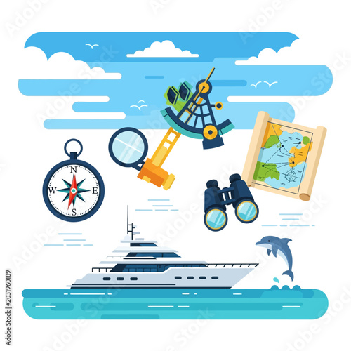 Nautical Adventure: Yacht, Compass, Map, Sextant, and Dolphin Vector Illustration