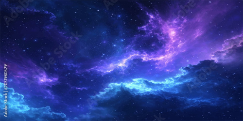 Photography An ethereal nebula glows with vibrant hues of purple and blue, speckled with distant stars, creating a breathtaking cosmic panorama that evokes wonder and the vastness of space