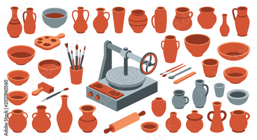 Foto Pottery collection with wheel tools and various ceramic vessels