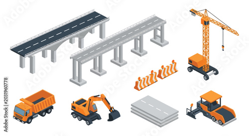 Foto Isometric construction site with road building machinery and equipment