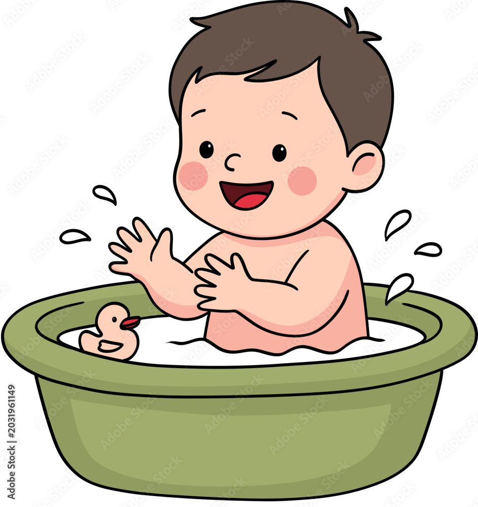 Naklejka premium Cartoon Happy Toddler Taking A Bath With Rubber Duck
