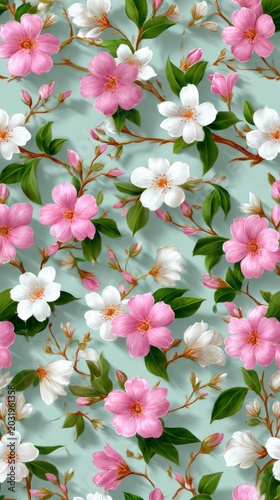 Pink and white flowers bloom vibrantly, intertwining with green leaves in a stunning display. This enchanting floral design brings the essence of spring indoors, evoking freshness and joy