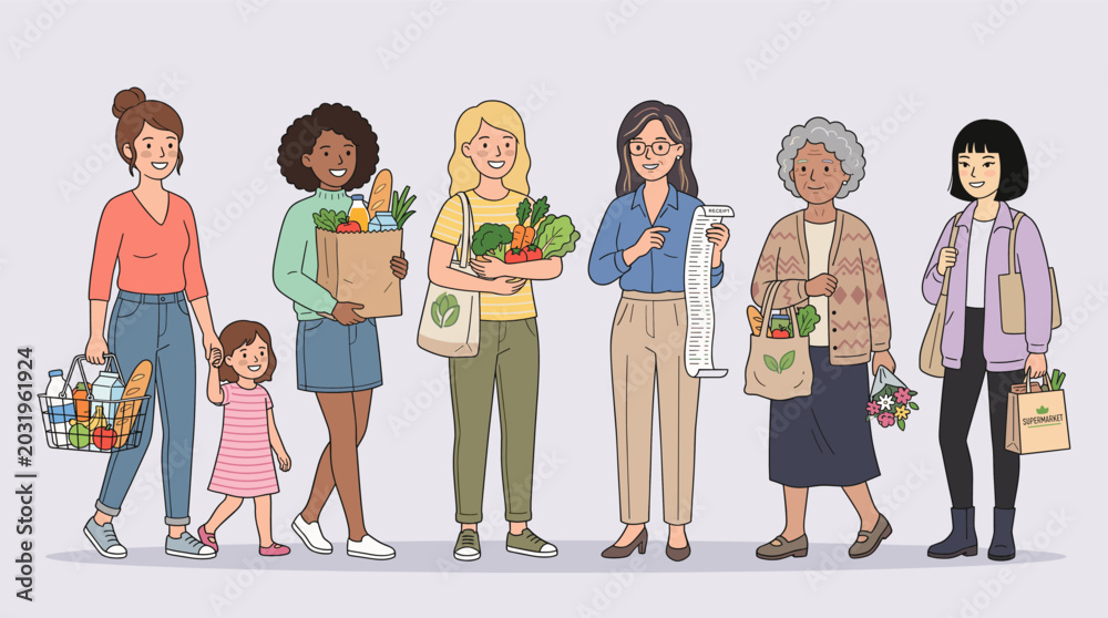 Fototapeta premium Group of diverse women carrying grocery bags. Female characters holding food items and shopping receipts. Supermarket customers flat vector illustration collection.