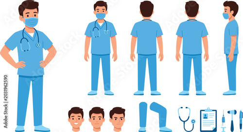 Photos Cartoon Male Doctor and Nurse Character Sheet Featuring Front, Side, Back Views