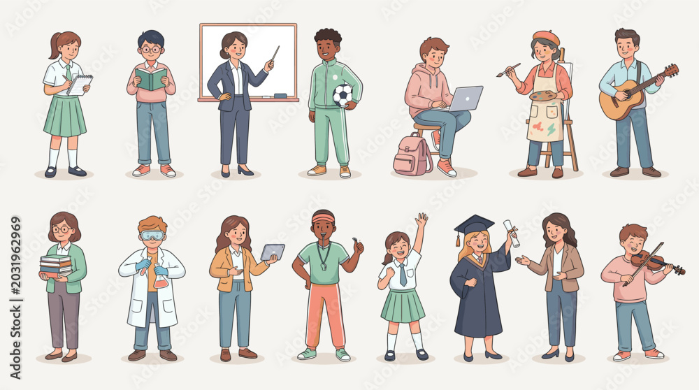 Fototapeta premium Diverse education characters vector set. Teachers students and school staff in various subjects including science sports music art and graduation isolated on light background.