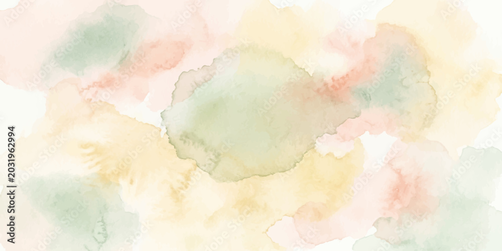 Obraz premium Soft pastel watercolor splashes in light green, peach, and yellow create a gentle, abstract background.