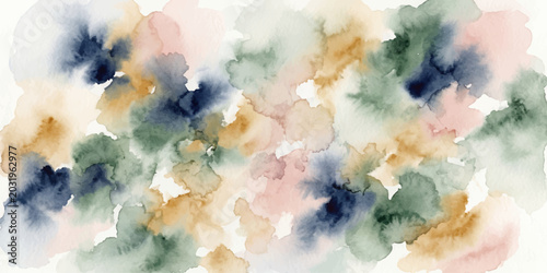 Fotografie Abstract watercolor painting with soft, blended washes of navy blue, dusty rose, sage green, and warm ochre creating a dreamy, organic texture