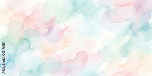 Konstfotografi A soft, abstract watercolor wash of pastel hues in delicate shades of pink, blue, green, and yellow creates a dreamy and serene background, evoking a sense of calm and gentleness