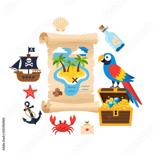 Cartoon pirate treasure map with parrot and sea icons