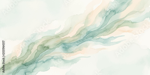 Foto Abstract watercolor painting with flowing, organic shapes in soft pastel hues of green, blue, and peach, creating a sense of calm and gentle movement