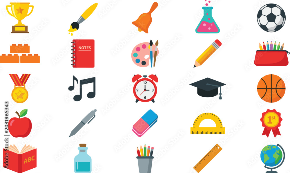 Obraz premium Flat Style School and Education Icon Set Featuring Trophy, Bell, Flask, Palette, Graduation Cap, Clock, and Sports Items for Academic and Learning Illustrations