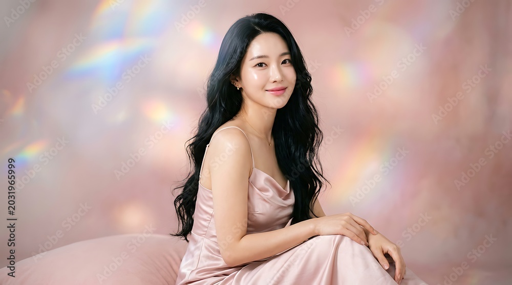 Fototapeta premium Elegant Korean beauty model in soft lighting with delicate makeup and floral-inspired background
