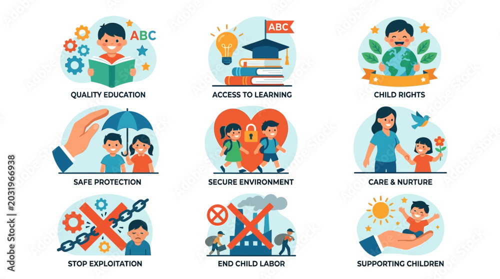 Fototapeta premium Children's Rights and Education Icons: Quality, Safety, Learning, Care, No Exploitation