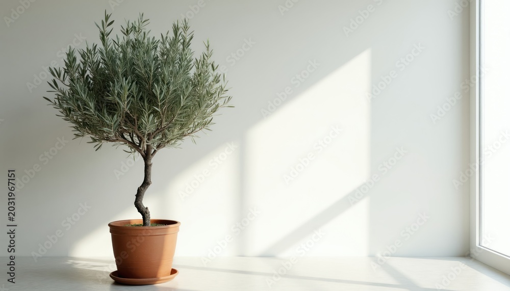Fototapeta premium Minimalist interior scene with potted olive tree. Bright natural light streams through window, casting geometric shadows. A touch of nature for modern living spaces and serene decor.