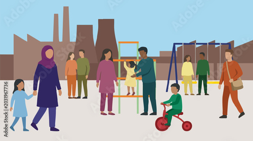 Bild auf Leinwand Diverse People and Children in Park with Industrial Area Background