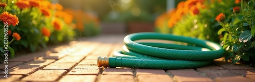 Green garden hose lies coiled on brick path near bright orange marigold flowers. Sunlight warms patio and rich green plants. Ready for summer watering tasks outdoors.