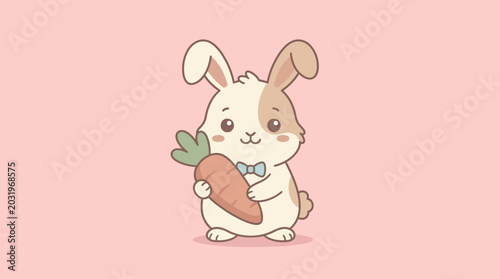 Photos Cute white and brown rabbit holding carrot.