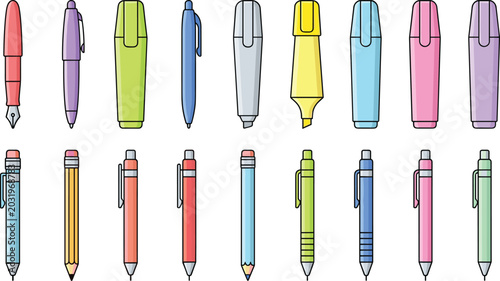 Tableau sur toile Cartoon Colorful Pen, Pencil, and Marker Stationery Set Featuring Fountain Pen,