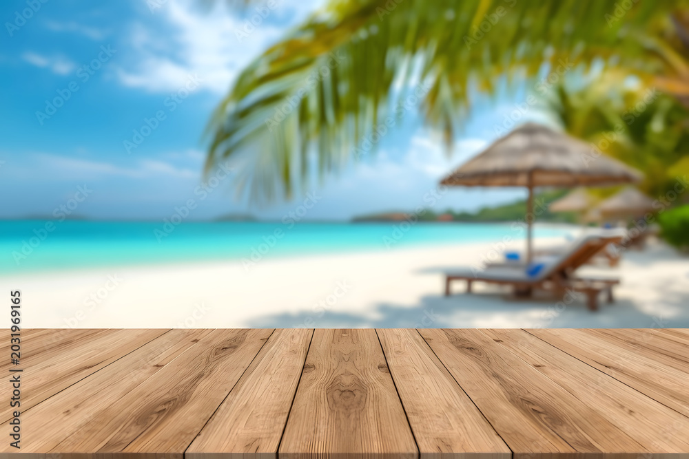 Fototapeta premium Wooden tabletop with blurred tropical beach background