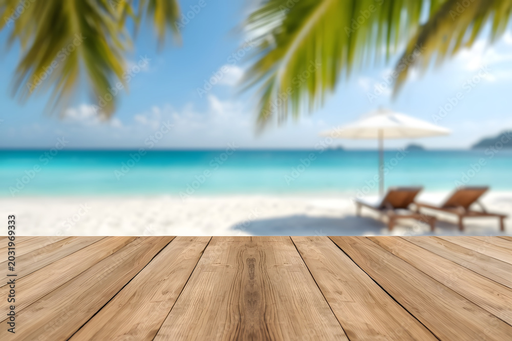 Fototapeta premium Wooden tabletop with blurred tropical beach background