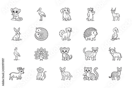 Animal coloring book illustrations. Set of cute animal outlines isolated on white, editable vector for children coloring books, learning pages, and nursery art.