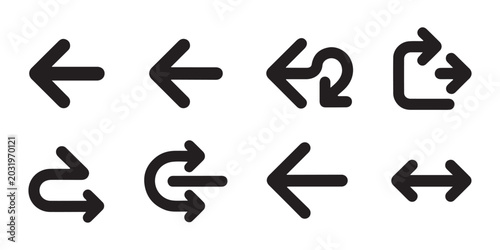 A concise set of black vector arrows featuring leftward, curved, entry, and bidirectional designs on transparency.