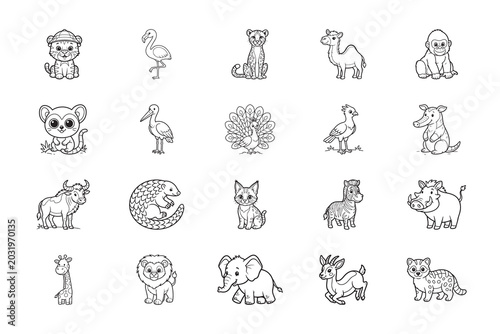 Cute animal outline set. Group of cute animal line drawings isolated on white, editable vector for coloring books, worksheets, and children’s activities.