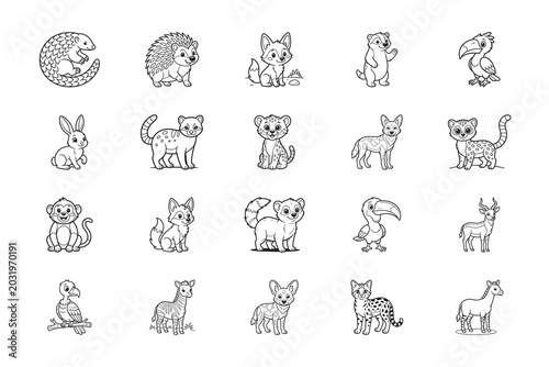 Animal coloring book set. Collection of cute animal outline illustrations isolated on white, editable vector for kids coloring pages, education, and printables.