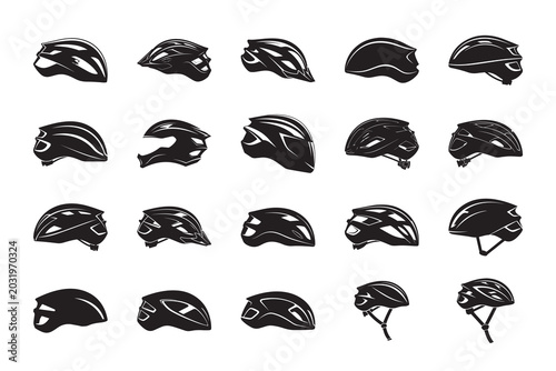Road bike helmet set. Collection of cycling helmet silhouettes isolated on white, editable vector for road biking, safety gear, racing, and sports branding.