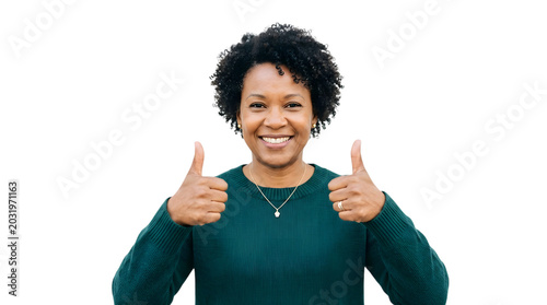 A smiling black woman giving two thumbs up on transparent background