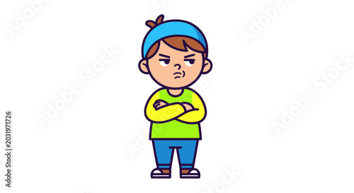 Bild auf Leinwand Angry Cartoon Boy Arms Crossed, Frustrated Child with Sulky Expression