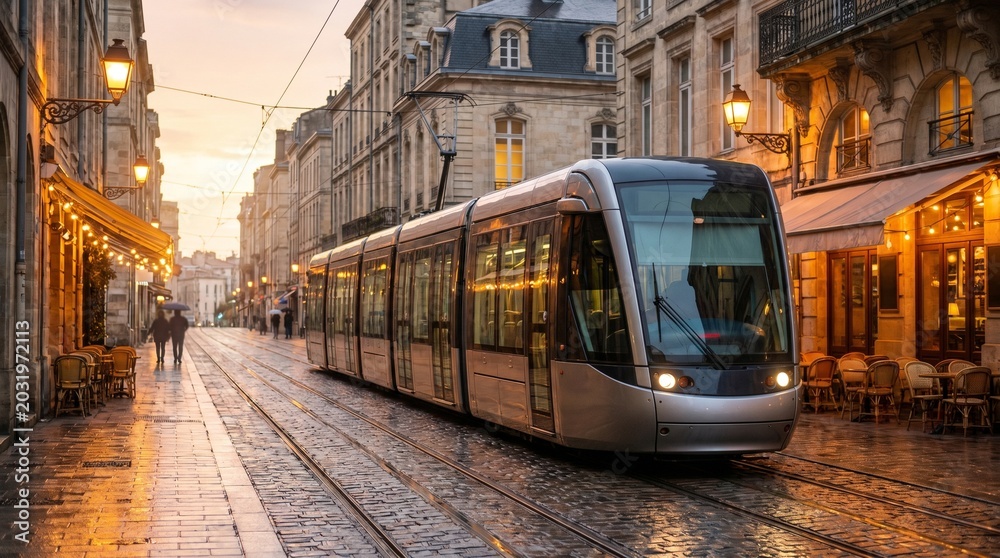 Fototapeta premium Modern Tram Passing Through a European City Street
