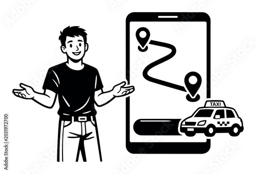 Man presenting a ride-hailing app on a smartphone, showing navigation with route, pick-up, drop-off pins, and a taxi icon