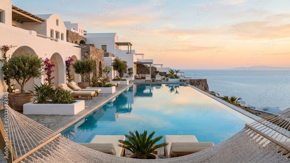 Obraz premium Luxury Santorini infinity pool with elegant white architecture overlooking the calm Aegean Sea. Minimal Mediterranean resort aesthetic with clean premium summer atmosphere.