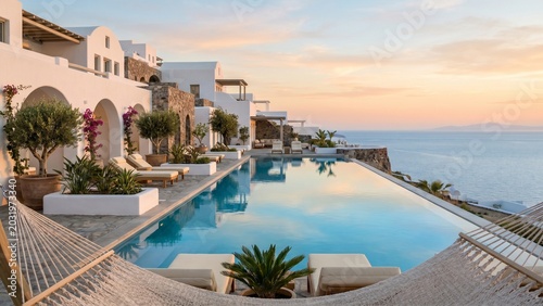 Luxury Santorini infinity pool with elegant white architecture overlooking the calm Aegean Sea. Minimal Mediterranean resort aesthetic with clean premium summer atmosphere.