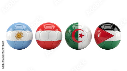 Soccer balls with argentina austria algeria and jordan flags on transparent background