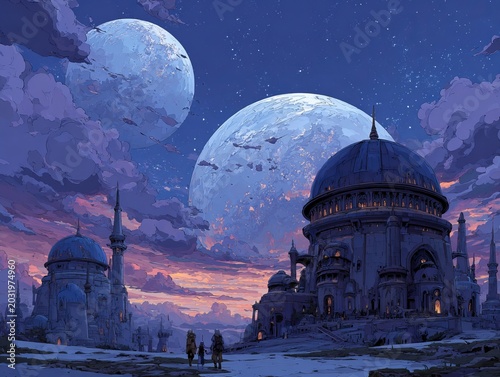 Fantasy Cityscape with Twin Moons and Silhouette Figures.