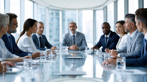 Business meeting corporate team boardroom leadership discussion strategy planning negotiation teamwork conference table modern glass boardroom, diverse executive group focus leadership discussion