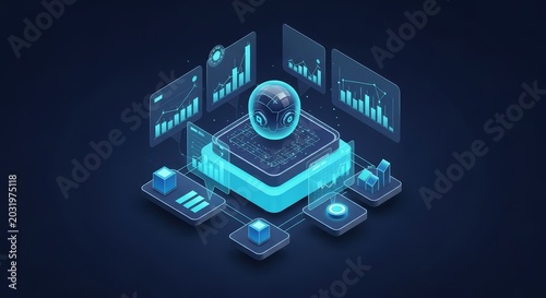 Futuristic Data Analysis Platform with Glowing Charts and Central Orb.