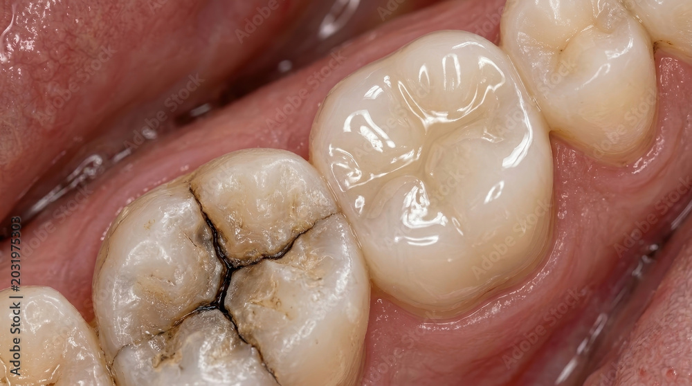Fototapeta premium Broken tooth before and after restoration showing detailed dental repair and healthy enamel surface in close up view