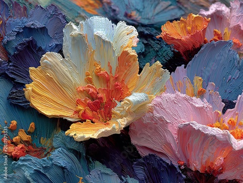 Impasto Floral Symphony - A Textured Oil Painting of Blossoming Flowers.
